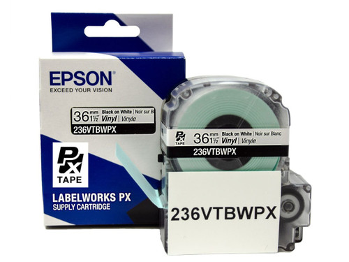 Vinyl Label Tape Cartridge, Epson LabelWorks PX, 1-1/2 in (36mm) x 22.9 ft, Black on White, 236VTBWPX
