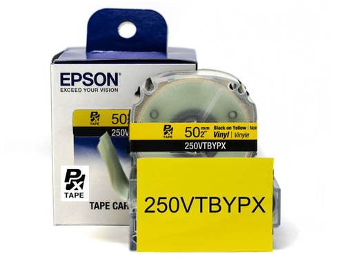 Vinyl Label Tape Cartridge, Epson LabelWorks PX, 2 in (50mm) x 22.9 ft, Black on Yellow, 250VTBYPX