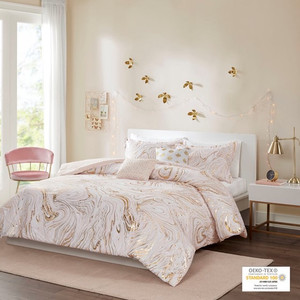 Rebecca Blush Gold Metallic Printed Comforter Set by Intelligent Design-IS-Free Shipping!