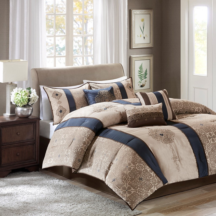 Donovan Navy and Beige Jacquard Embroidered 7 Piece Comforter Set-DS-Free Shipping!