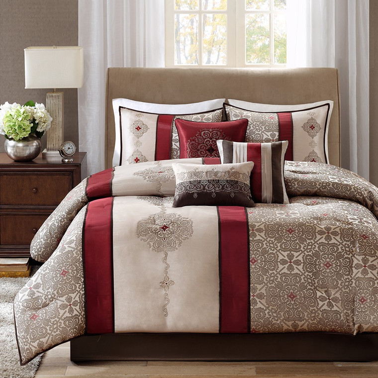 Red and Beige Embroidered 7 Piece Jacquard Comforter Set-DS-Free Shipping!