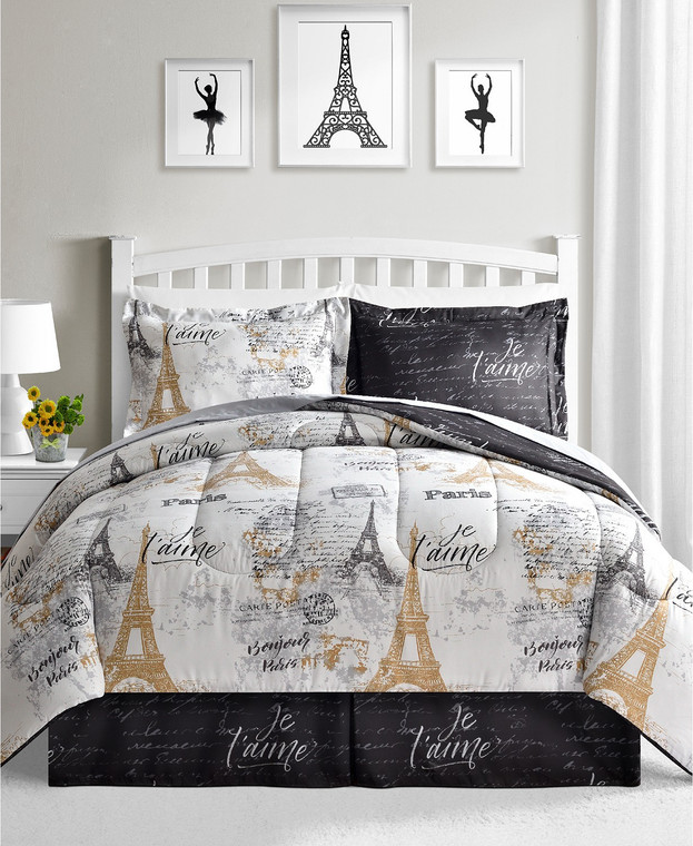 Paris Metallic Black/Gold Reversible 8-Pc. Comforter Set (4 Piece Sheet Set Included)