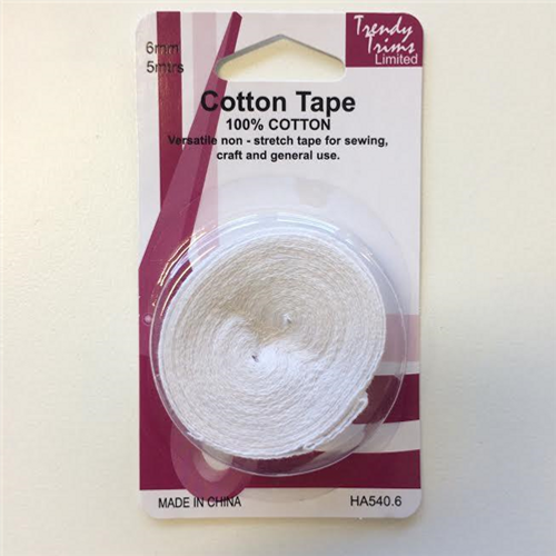 Trendy Trims Cotton tape 6mm 5mtrs WHITE