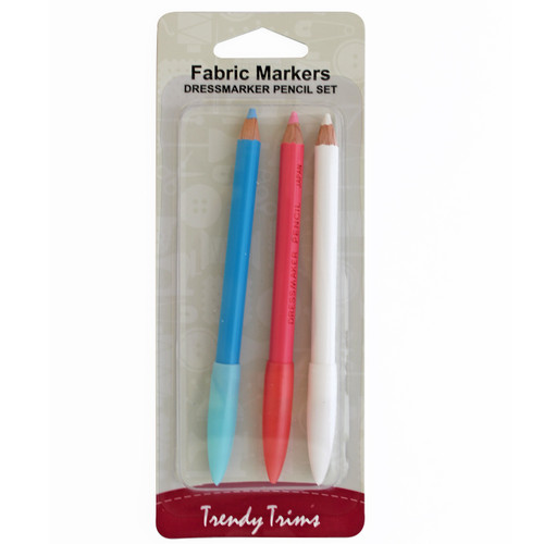 Quality dressmaker marking pencils which are produced in Japan. These blue, pink and white pencils are supplied with a plastic lid to protect the tip when not in use.