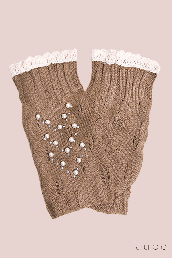 Women's Pearl Lace Trim Fingerless Gloves – Black — gloves photo 3