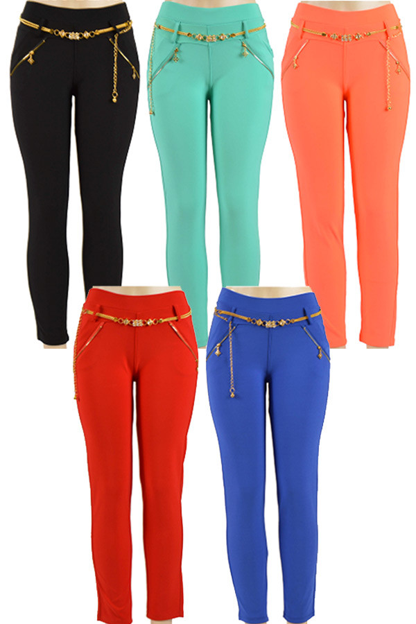 Women's Stretch Pants with Chain Belt – Neon Coral — belt photo 2