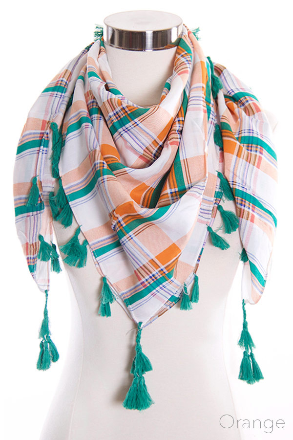 Women's Plaid Square Scarf with Tassels – Orange — scarf photo 2