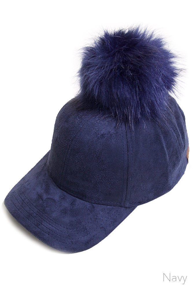 Women's Suede Baseball Cap with Faux Fur Pom Pom by BURACQ