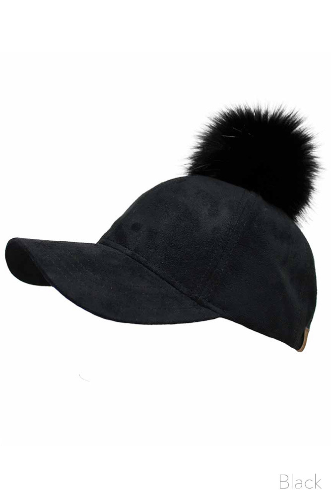 Women's Suede Baseball Cap with Faux Fur Pom Pom — baseball cap photo 2