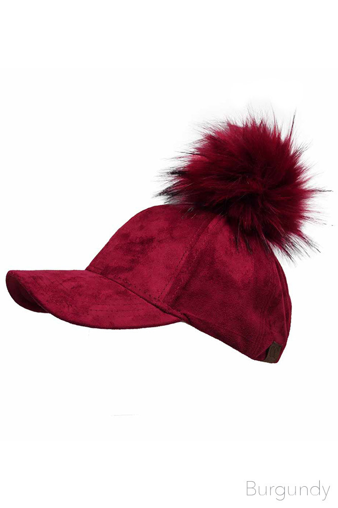 Women's Suede Baseball Cap with Faux Fur Pom Pom — baseball cap photo 3