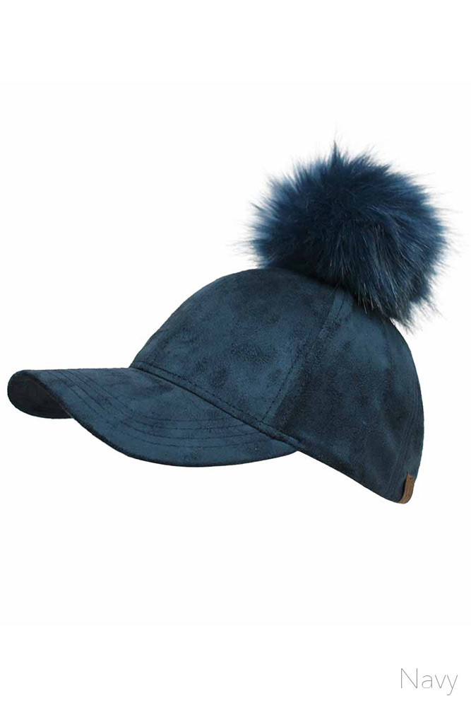 Women's Suede Baseball Cap with Faux Fur Pom Pom — baseball cap photo 4