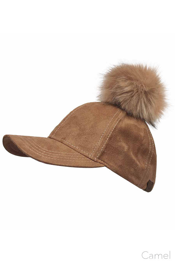 Women's Suede Baseball Cap with Faux Fur Pom Pom — baseball cap photo 5