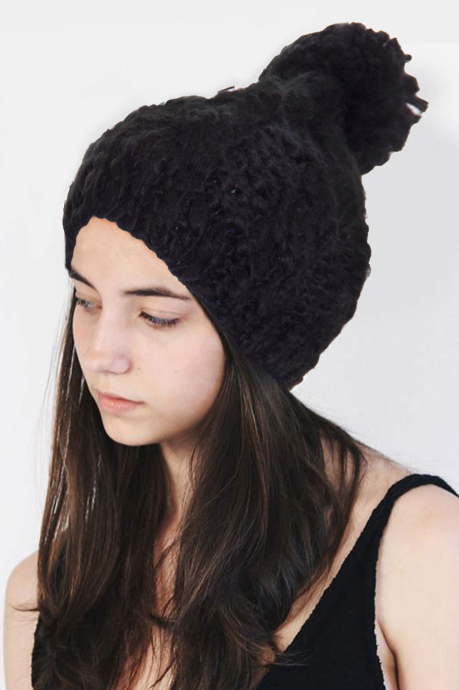 Women's Chunky Knit Slouchy Pom Pom Beanie – Black in Black by BURACQ
