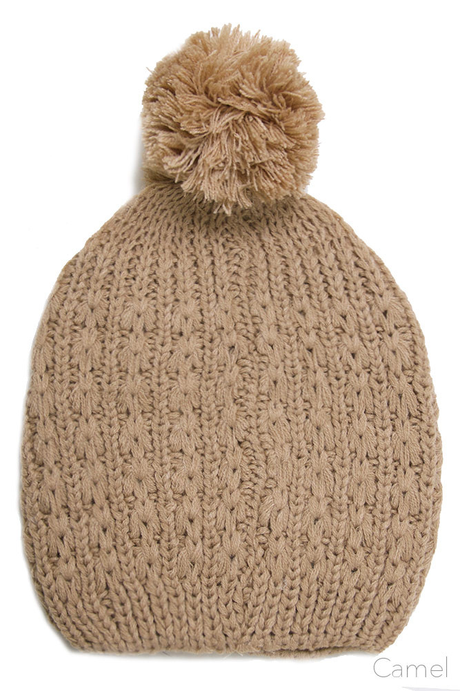 Women's Cable Knit Slouchy Pom Pom Beanie – Brown — beanie photo 2