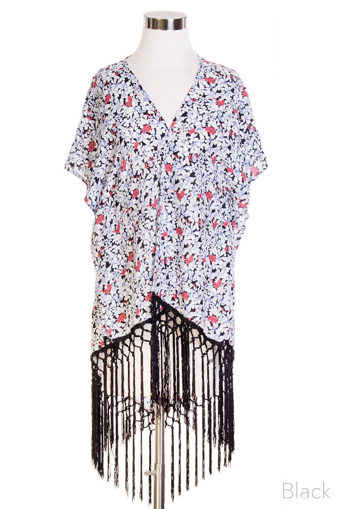 Women's Floral Print Fringe Kimono Wrap by BURACQ