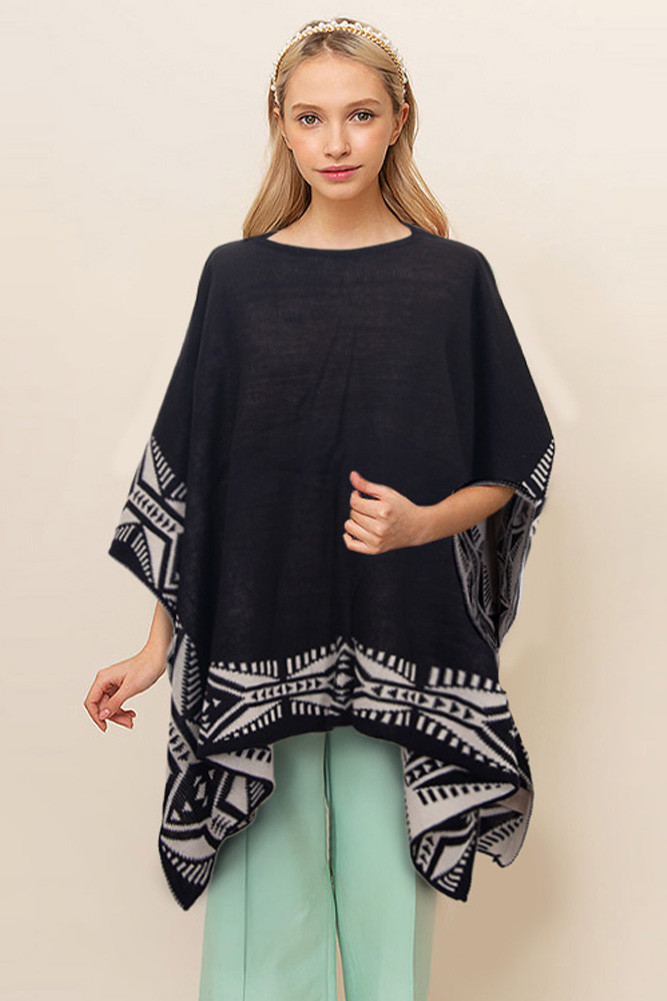 Women's Aztec Pattern Edge Poncho in Black by BURACQ