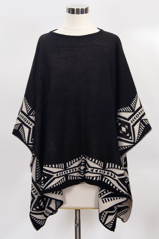 Women's Aztec Pattern Edge Poncho in Black