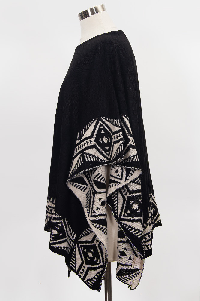 Women's Aztec Pattern Edge Poncho in Black
