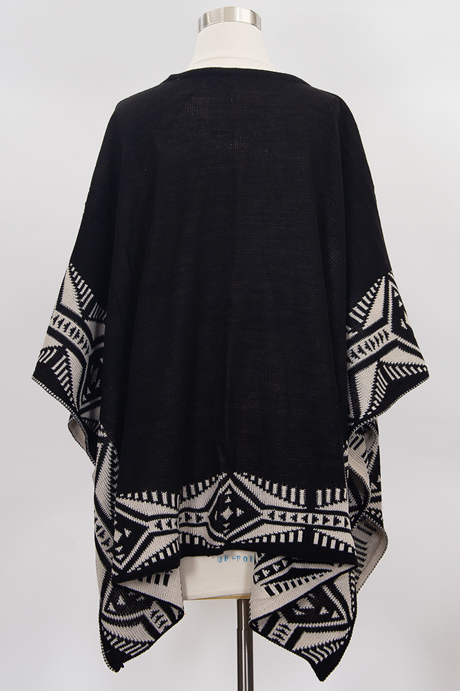 Women's Aztec Pattern Edge Poncho in Black