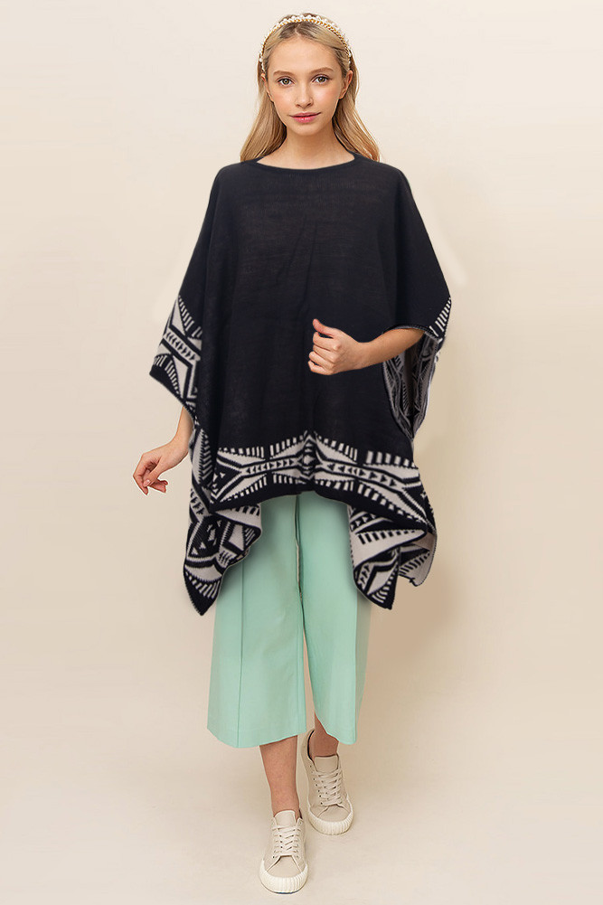 Women's Aztec Pattern Edge Poncho in Black