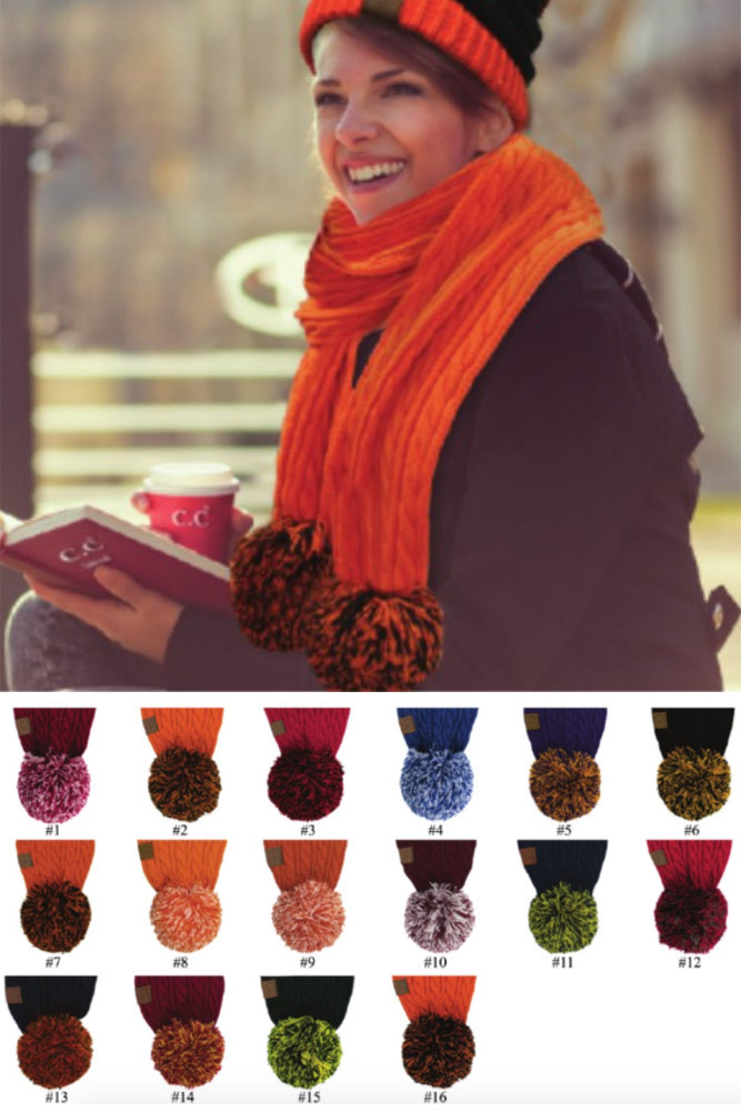 Women's Knit Oblong Scarf with Pom Poms — scarf photo 4