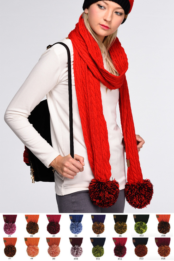 Women's Knit Oblong Scarf with Pom Poms by BURACQ