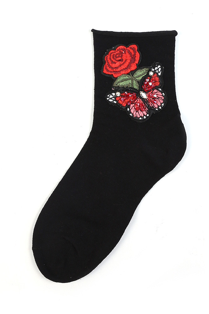 Women's Rose Embroidered Crew Socks — socks photo 2