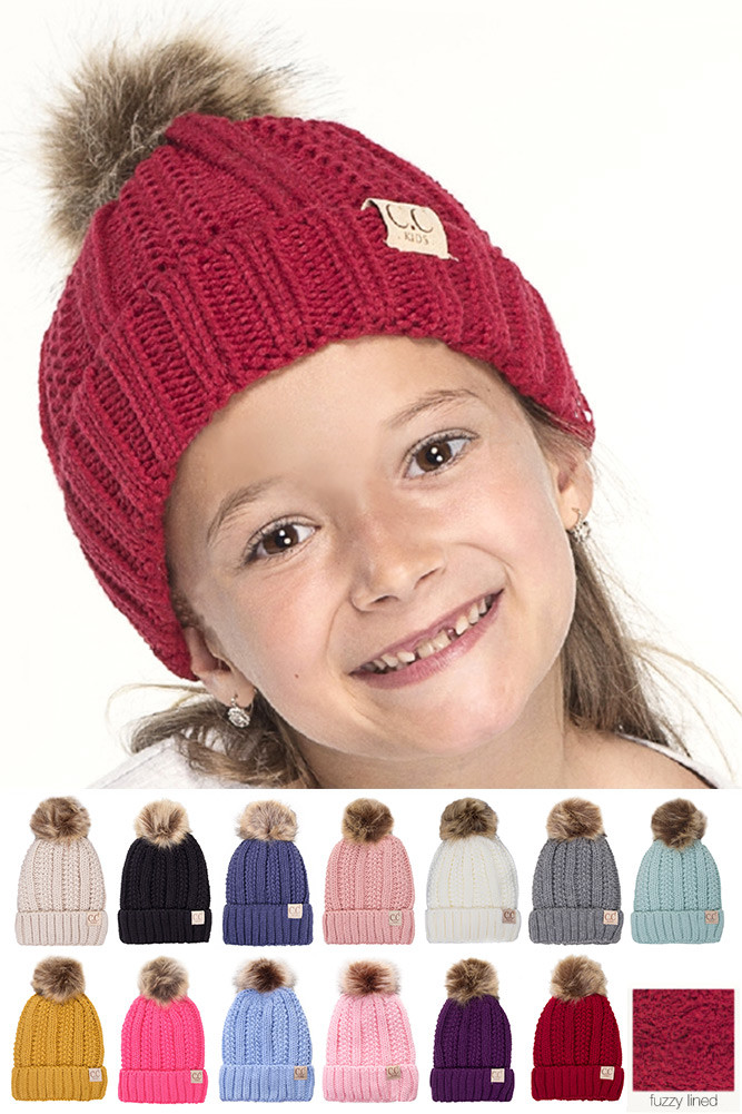 Kids Cable Knit Faux Fur Pom Pom Beanie Set by BURACQ