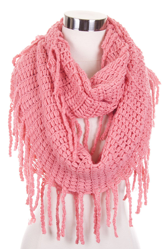 Women's Open Knit Fringe Infinity Scarf – Pink in Pink by BURACQ