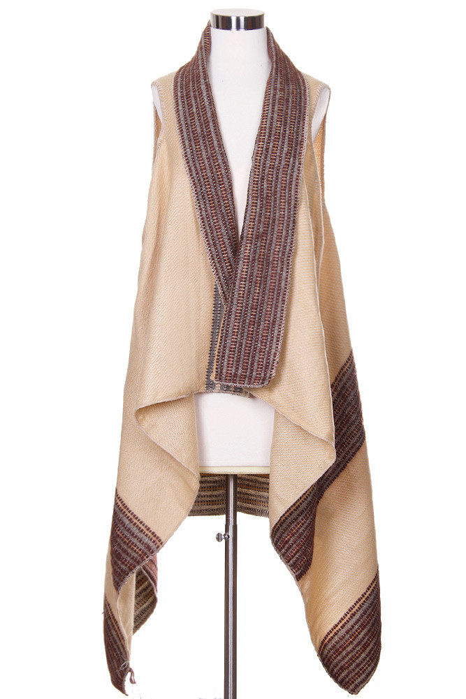 Women's Two-Tone Knit Long Vest – Style LOF778 in Beige