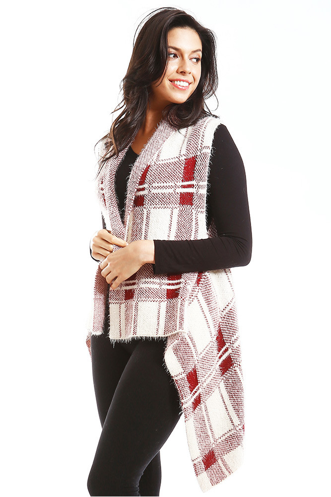 Women's Plaid Knit Long Vest – Style LOF772 — vest photo 6