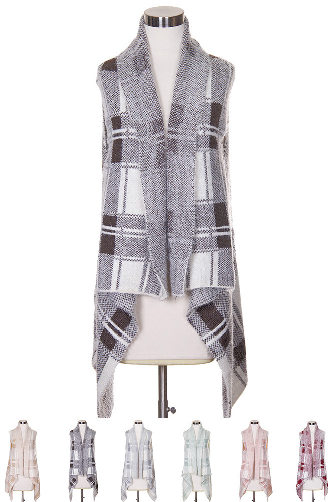 Women's Plaid Knit Long Vest – Style LOF772 by BURACQ