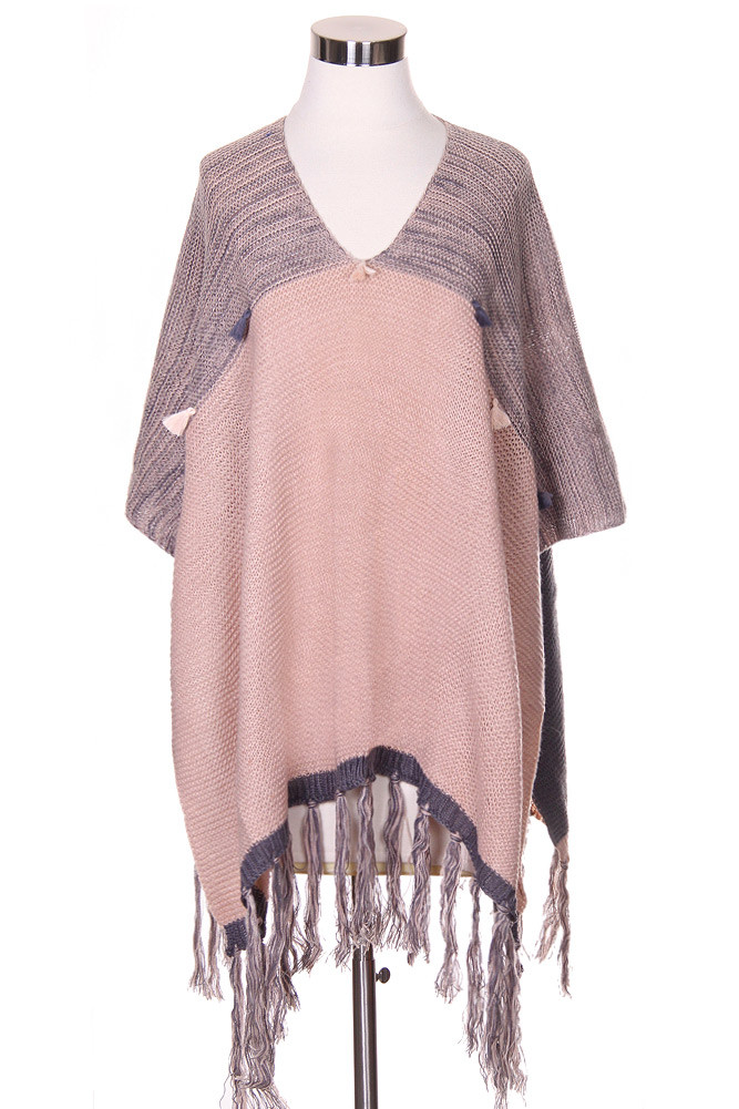 Women's Button Shoulder Fringe Shawl – Style LOF387 in Pink