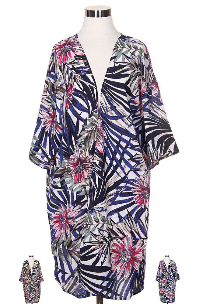 Women's Tropical Leaf Print Kimono Wrap – Style LOF711 — kimono photo 2