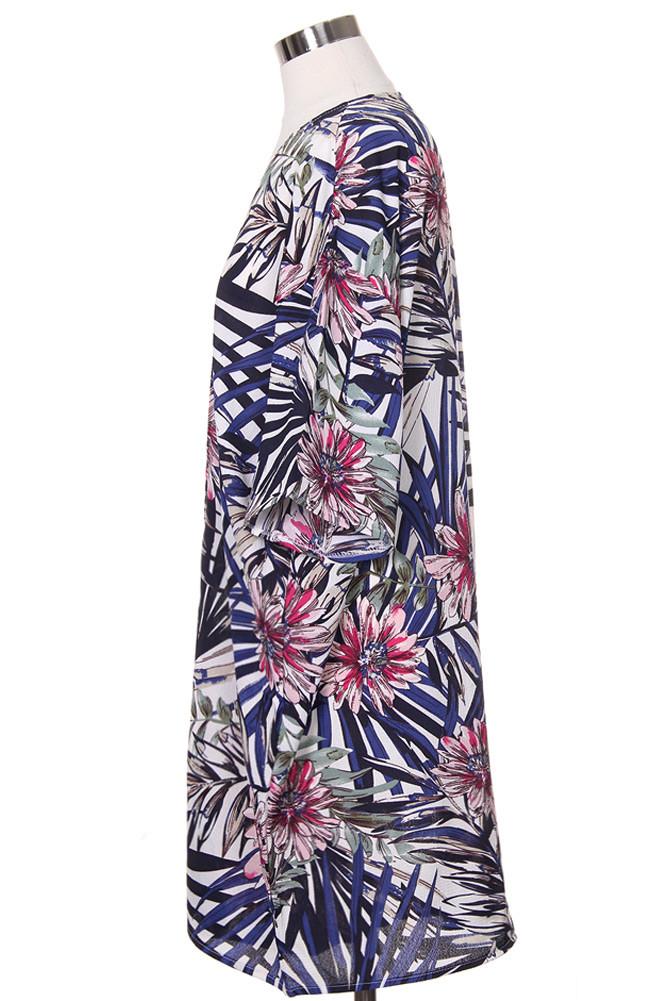 Women's Tropical Leaf Print Kimono Wrap – Style LOF711 in Navy