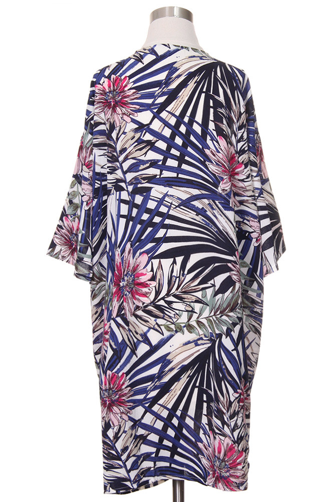 Women's Tropical Leaf Print Kimono Wrap – Style LOF711 in Navy