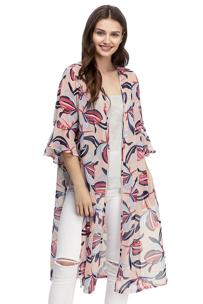 Women's Leaf Print Long Kimono — kimono photo 3