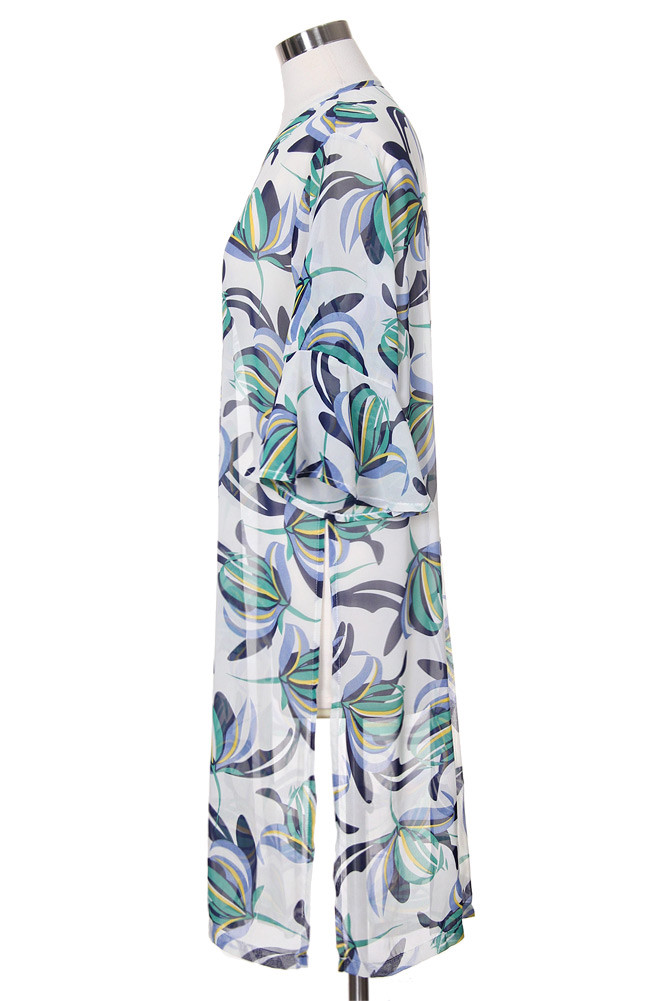 Women's Leaf Print Long Kimono in Ivory