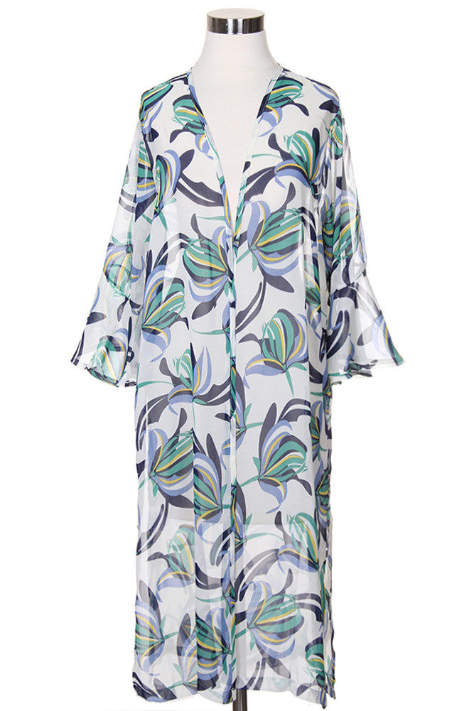 Women's Leaf Print Long Kimono by BURACQ