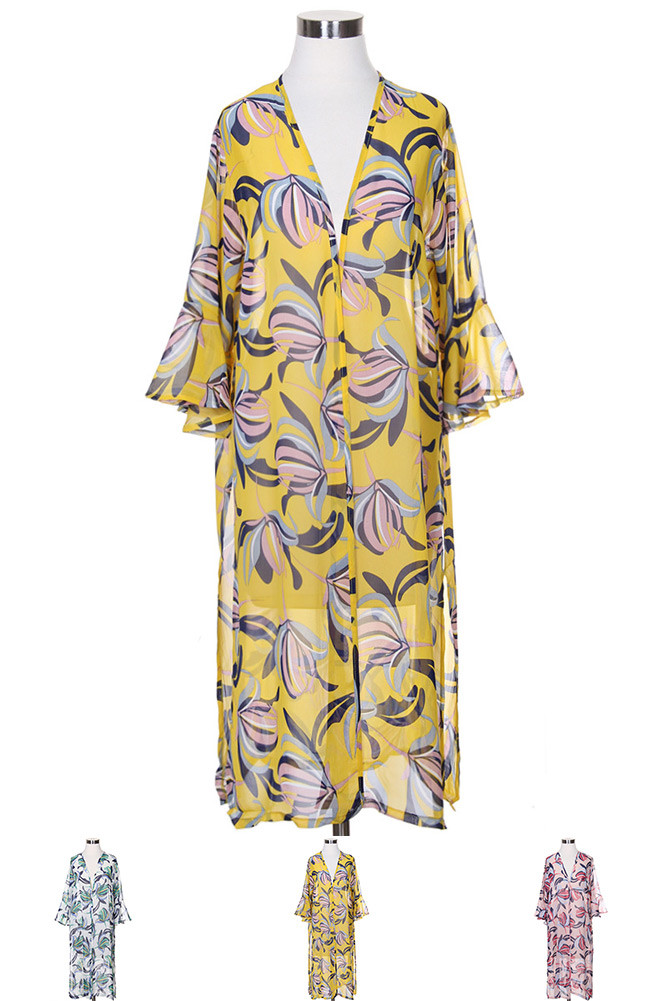 Women's Leaf Print Long Kimono — kimono photo 2