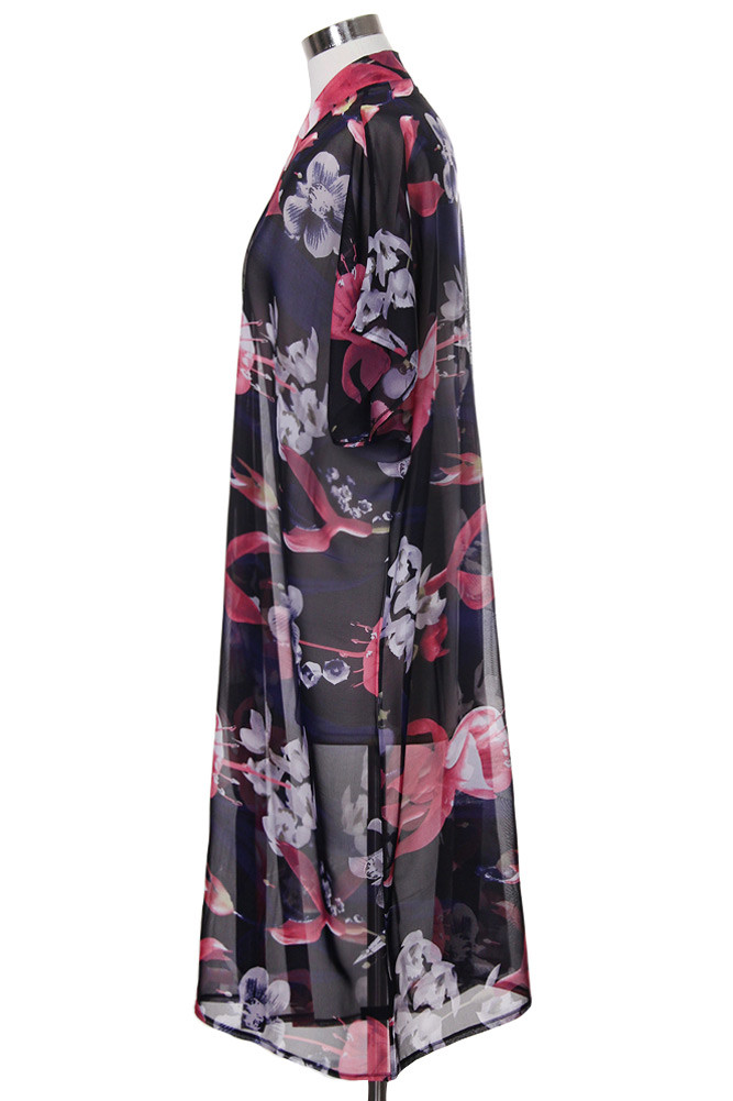 Women's Floral Print Sheer Long Wrap – Style FSV30046 in Black