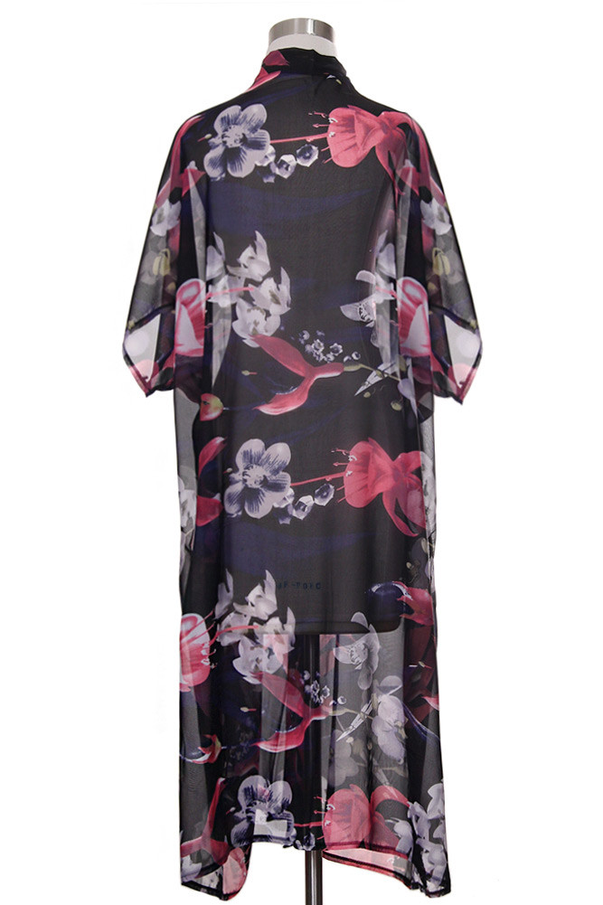 Women's Floral Print Sheer Long Wrap – Style FSV30046 in Black