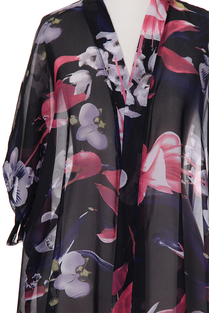 Women's Floral Print Sheer Long Wrap – Style FSV30046 in Black