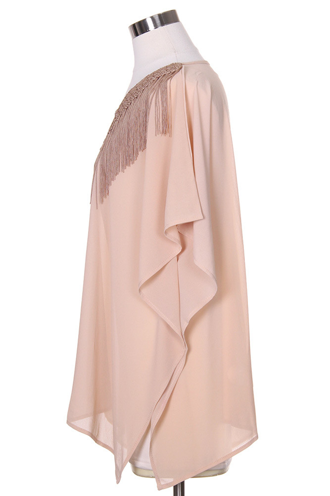 Women's Fringe Trim Sheer Poncho Top in Beige