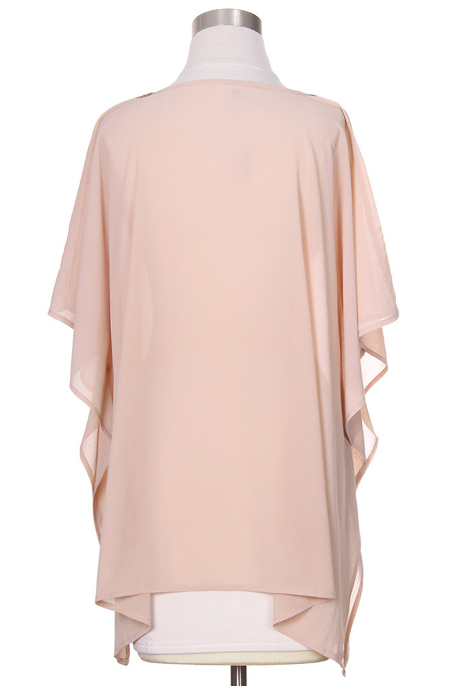 Women's Fringe Trim Sheer Poncho Top in Beige