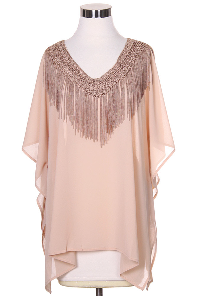 Women's Fringe Trim Sheer Poncho Top in Beige