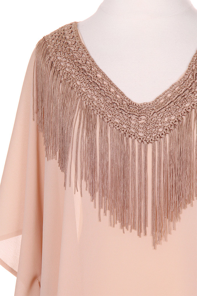Women's Fringe Trim Sheer Poncho Top in Beige