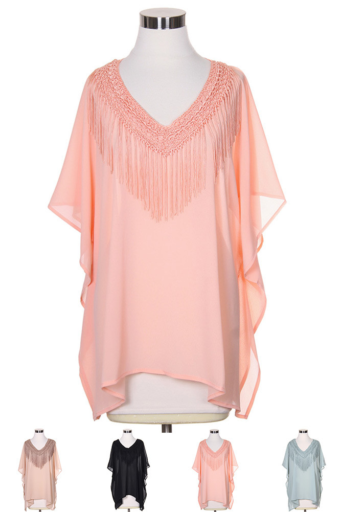 Women's Fringe Trim Sheer Poncho Top by BURACQ
