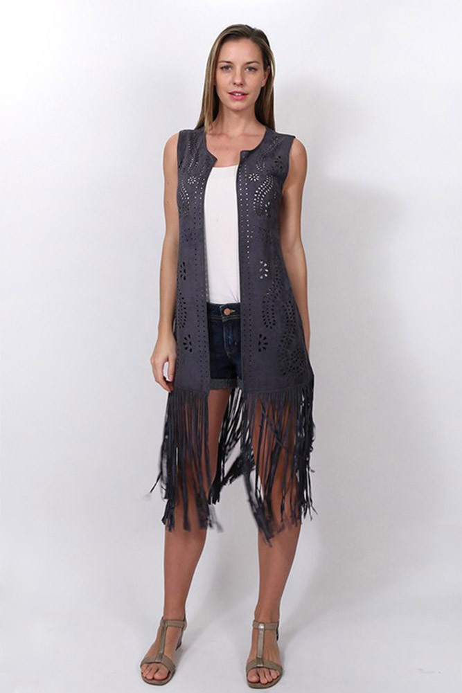 Women's Knit Fringe Long Vest – Gray in Gray by BURACQ