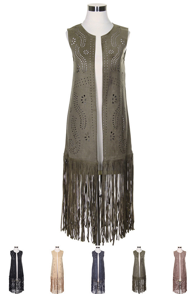 Women's Knit Fringe Long Vest – Gray — vest photo 2